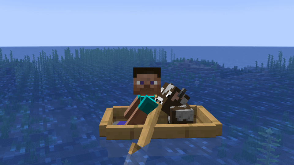 海を子供のウシをボートで運ぶ
