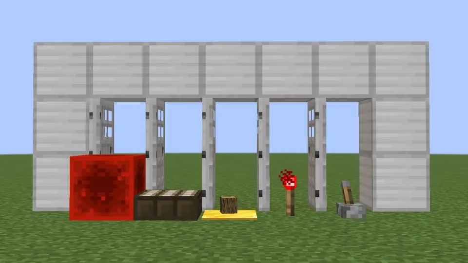 レッドストーン信号で鉄のドアが開く様子