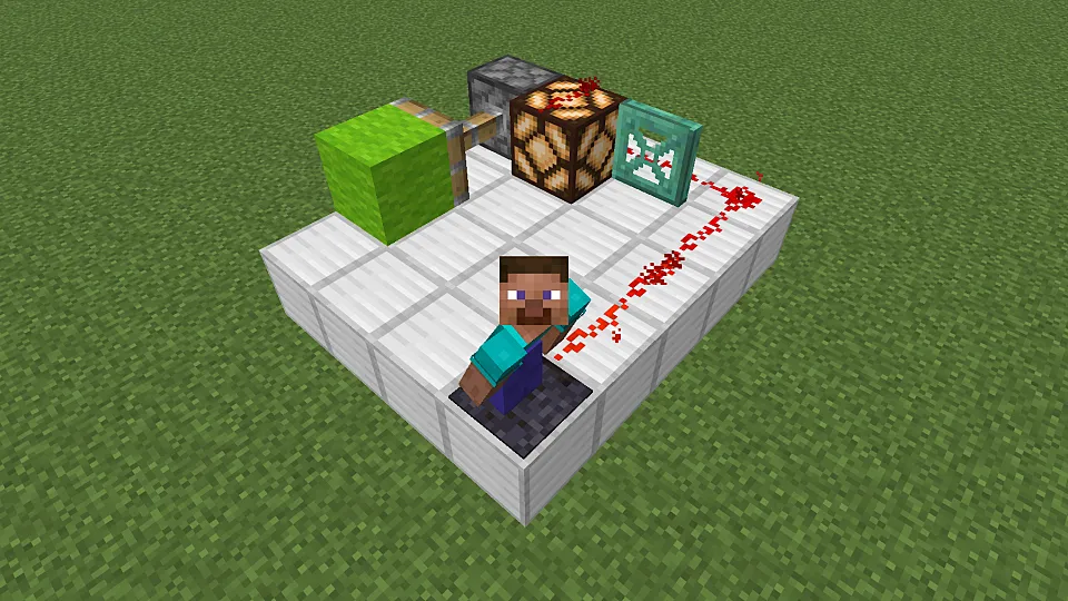 磨かれたブラックストーンの感圧板でレッドストーン信号を発信する様子