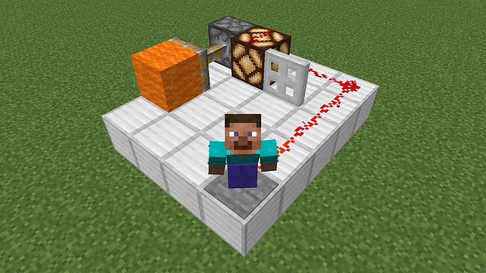 石の感圧板でレッドストーン信号を発信する様子