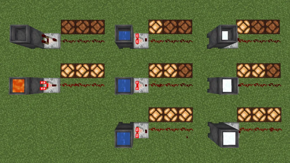 大釜とレッドストーンコンパレータとレッドストーンランプを並べた様子