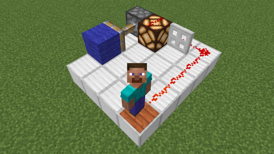 アカシアの感圧板でレッドストーン信号を発信する様子