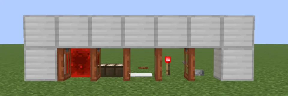 レッドストーン信号でアカシアのトラップドアが開く様子