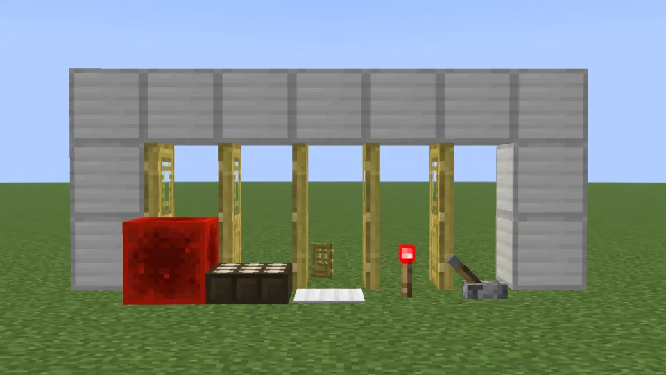 レッドストーン信号でドアが開く様子