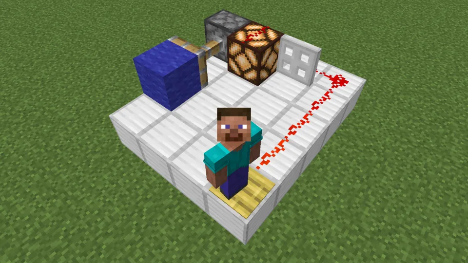 竹の感圧板でレッドストーン信号を発信する様子