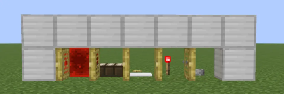 レッドストーン信号で竹のトラップドアが開く様子