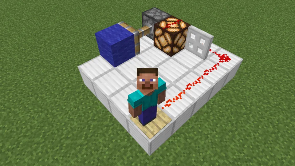 シラカバの感圧板でレッドストーン信号を発信する様子