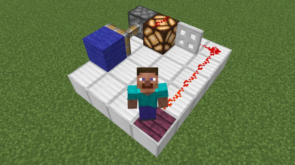 真紅の感圧板でレッドストーン信号を発信する様子