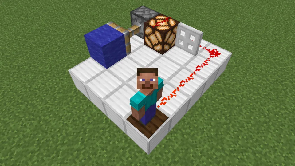 ダークオークの感圧板でレッドストーン信号を発信する様子