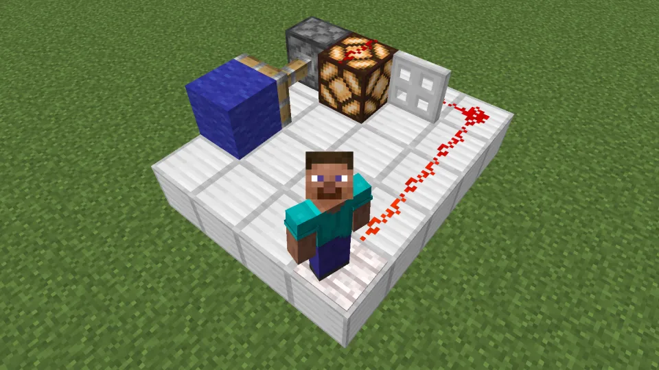 ペールオークの感圧板でレッドストーン信号を発信する様子