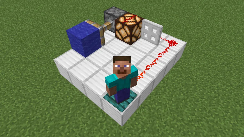 歪んだ感圧板でレッドストーン信号を発信する様子