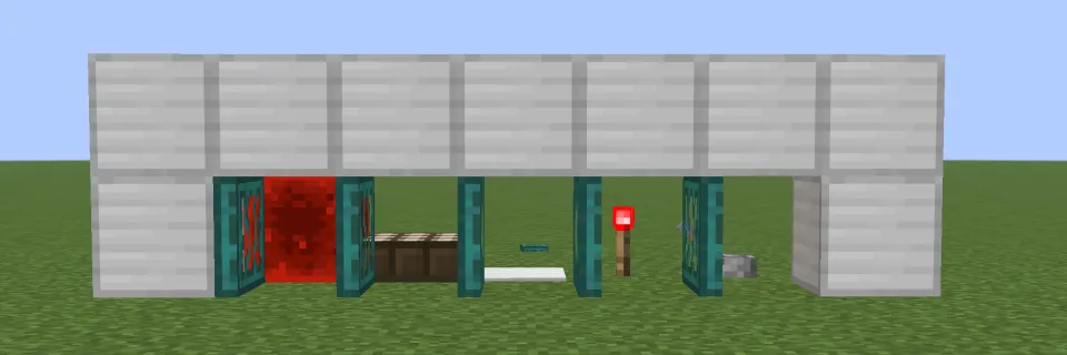 レッドストーン信号で歪んだトラップドアが開く様子