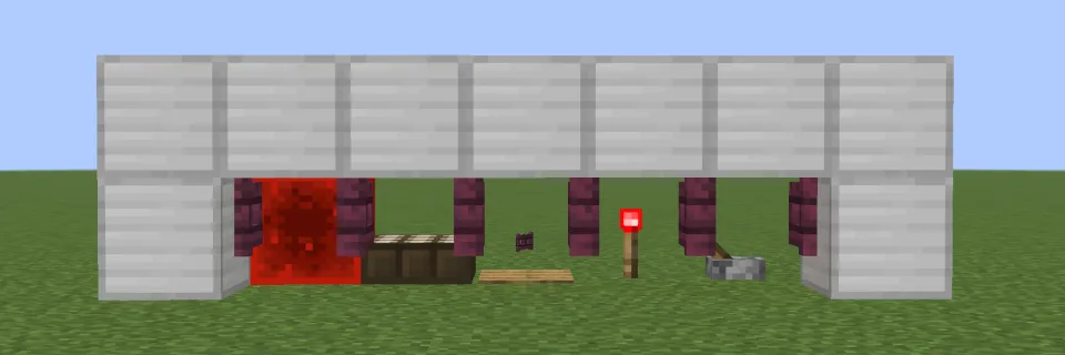 レッドストーン信号で真紅のフェンスゲートが開く様子