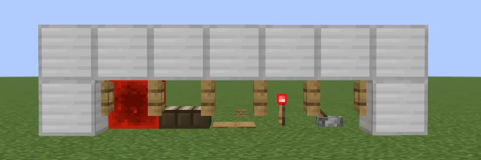 レッドストーン信号でオークのフェンスゲートが開く様子