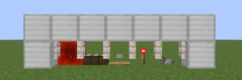 レッドストーン信号でペールオークのフェンスゲートが開く様子